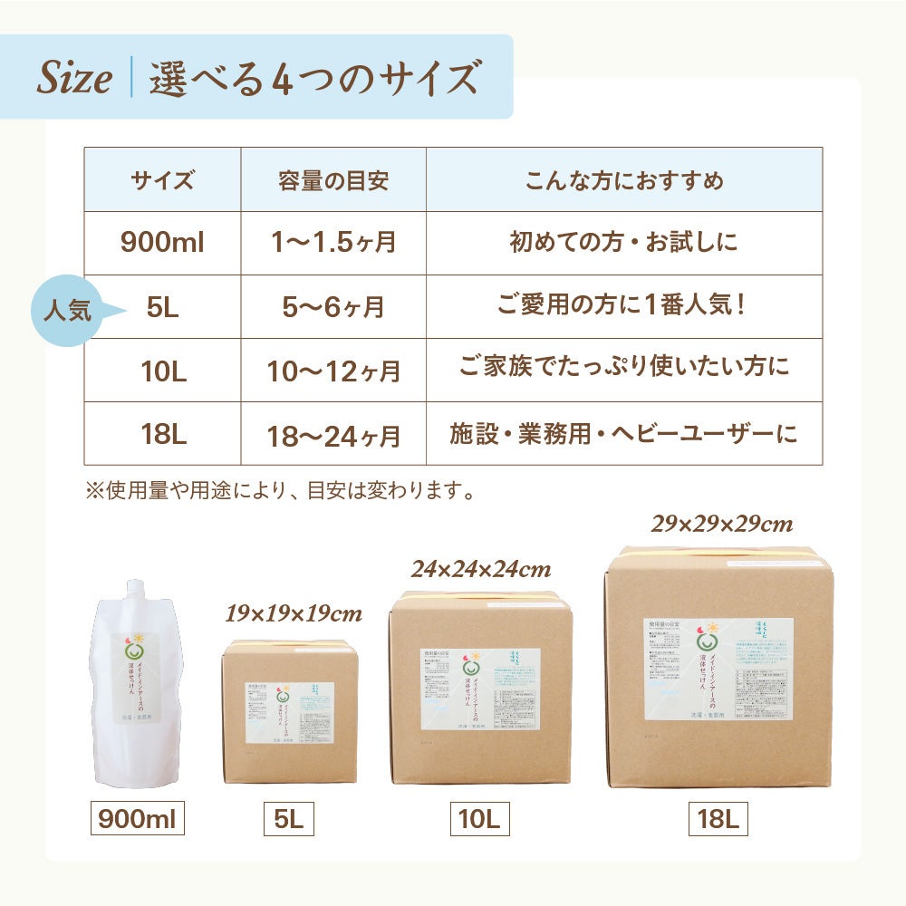 メイド・イン・アースの液体せっけん  詰替え用　キューブ　18L　洗濯・食器・掃除用　ココヤシ洗剤