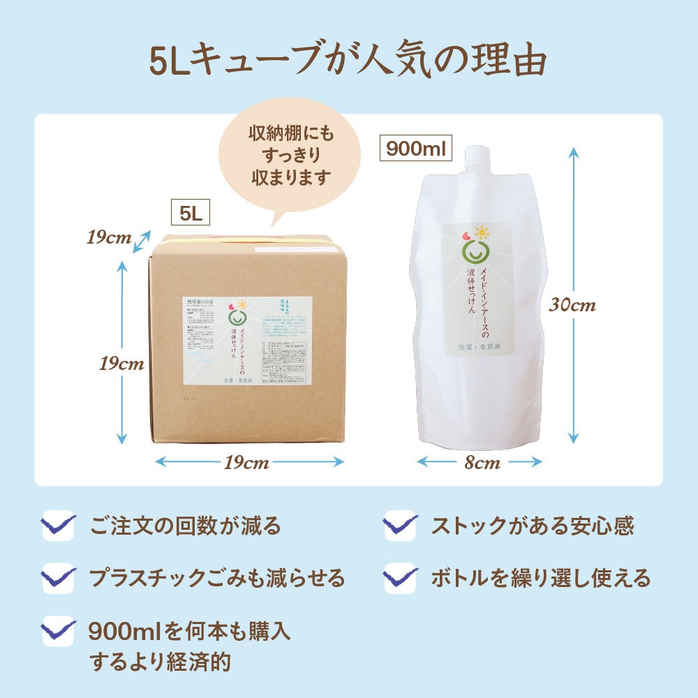 メイド・イン・アースの液体せっけん  詰替え用　キューブ　18L　洗濯・食器・掃除用　ココヤシ洗剤